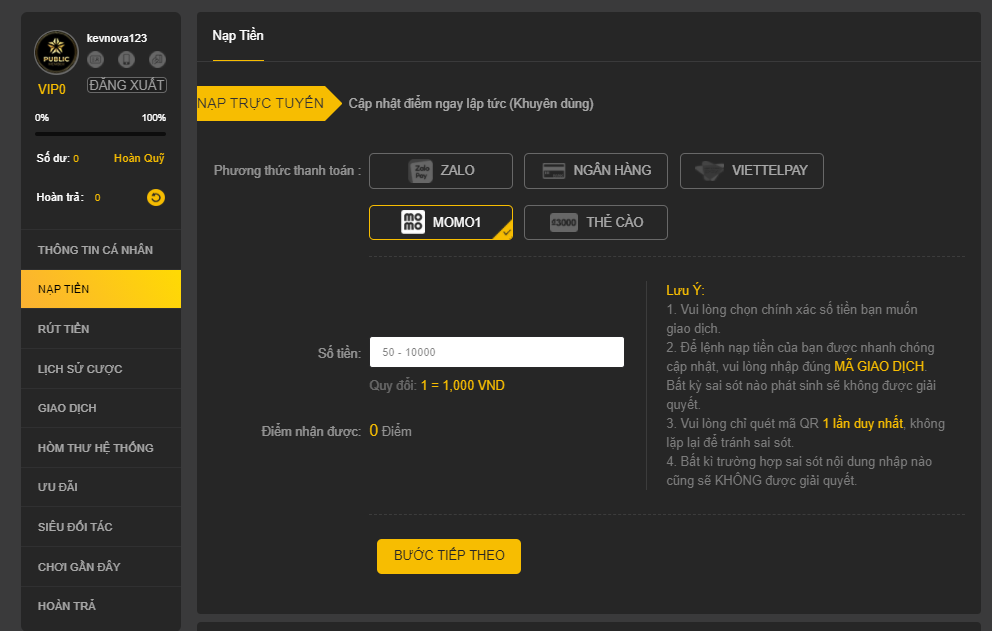 Nạp tiền tại nhà 888b qua Momo