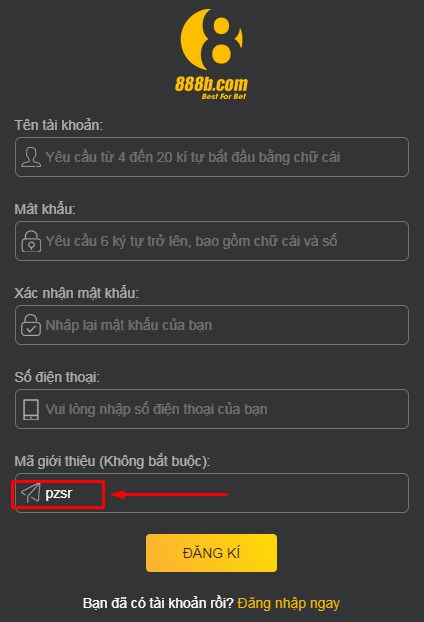 code 888b sẽ tự động điền vào khi bạn đăng ký qua link của 88b.rest